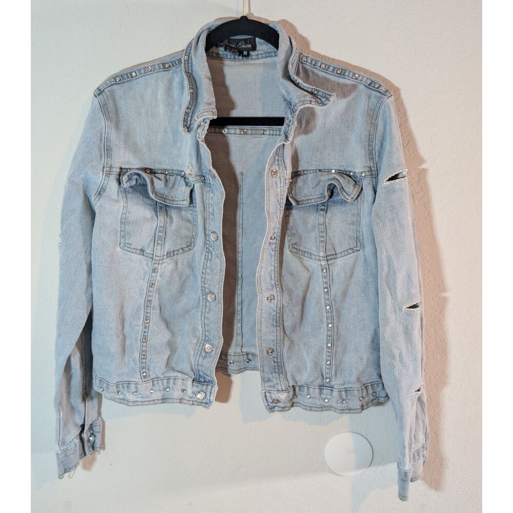 Women’s Light Wash Distressed Studded Denim Jean Jacket Size M Medium